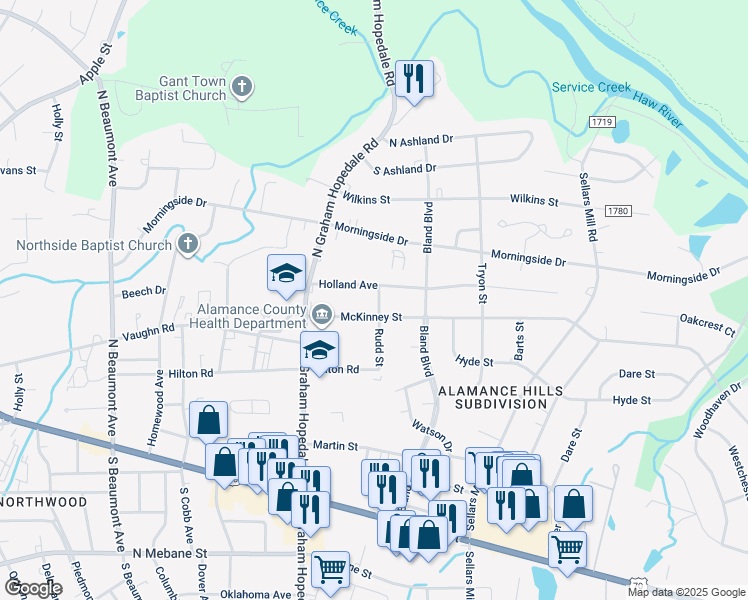 map of restaurants, bars, coffee shops, grocery stores, and more near 510 Rudd Street in Burlington