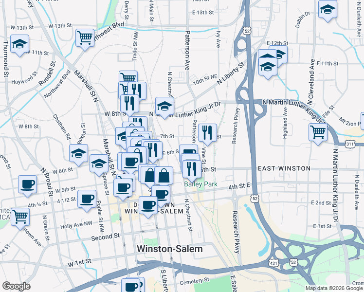 map of restaurants, bars, coffee shops, grocery stores, and more near 601 North Chestnut Street in Winston-Salem