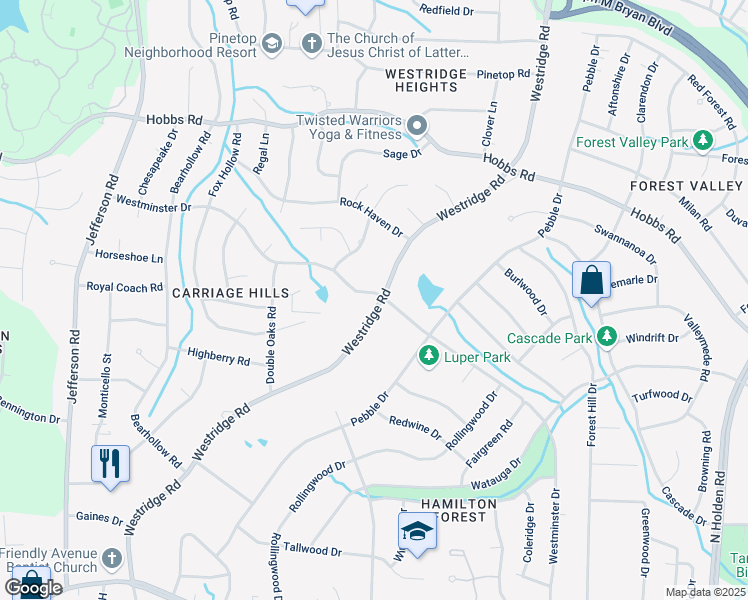 map of restaurants, bars, coffee shops, grocery stores, and more near 1131 Westridge Road in Greensboro