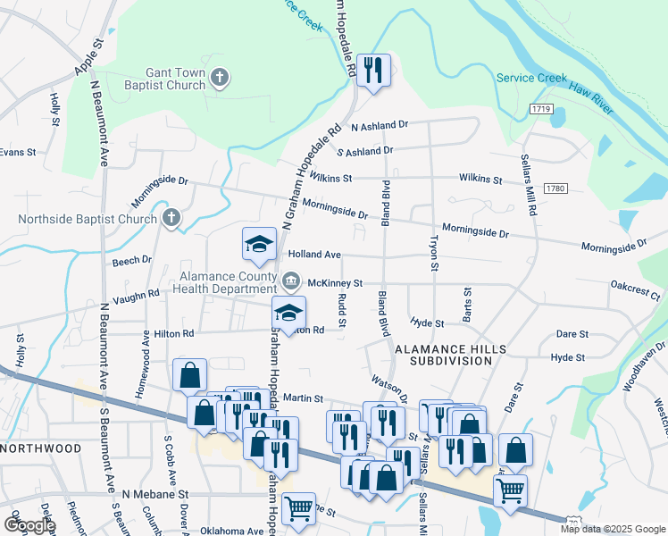 map of restaurants, bars, coffee shops, grocery stores, and more near 510 Rudd Street in Burlington