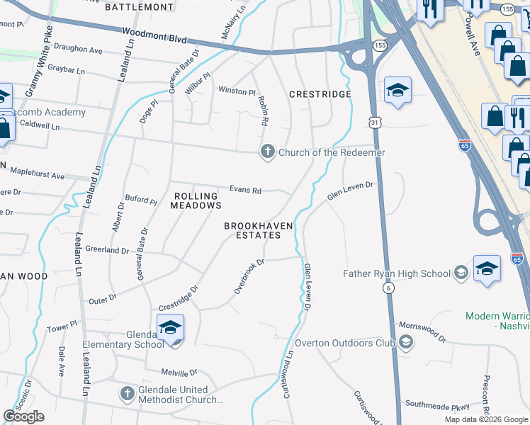 map of restaurants, bars, coffee shops, grocery stores, and more near 4009 Crestridge Drive in Nashville