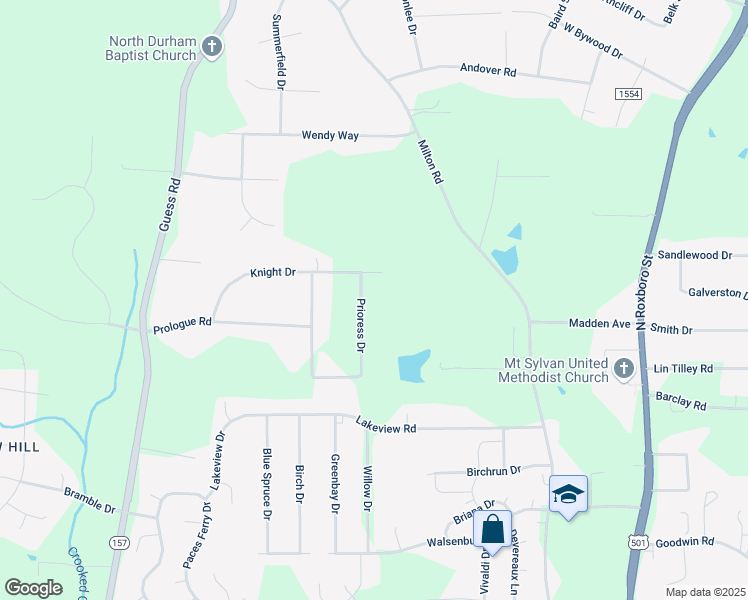map of restaurants, bars, coffee shops, grocery stores, and more near 5814 Prioress Drive in Durham