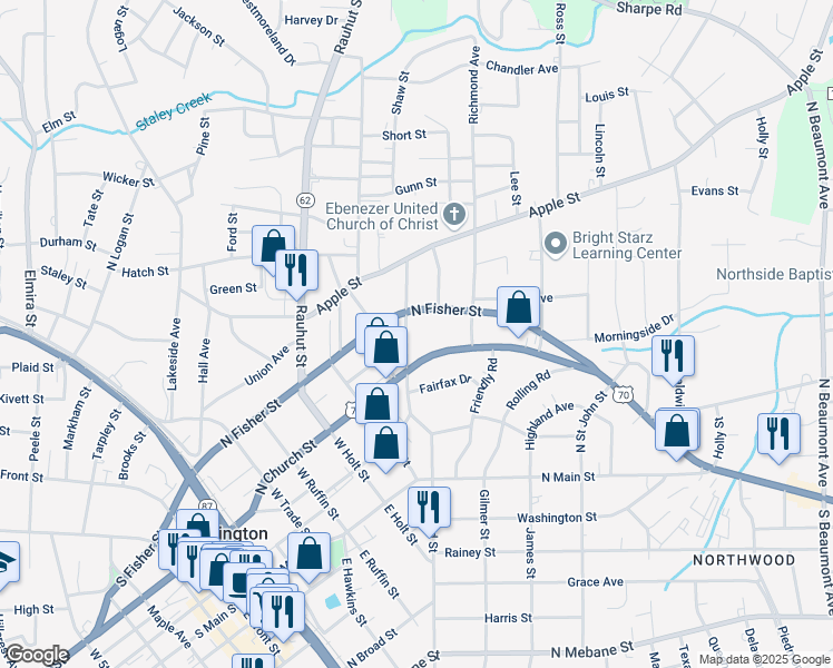 map of restaurants, bars, coffee shops, grocery stores, and more near 618 North Church Street in Burlington