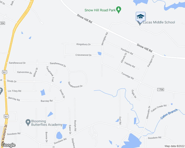 map of restaurants, bars, coffee shops, grocery stores, and more near 1110 Sandlewood Drive in Durham
