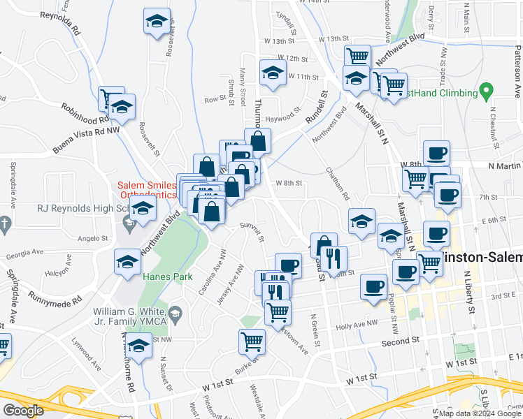 map of restaurants, bars, coffee shops, grocery stores, and more near 709 Manly Street in Winston-Salem