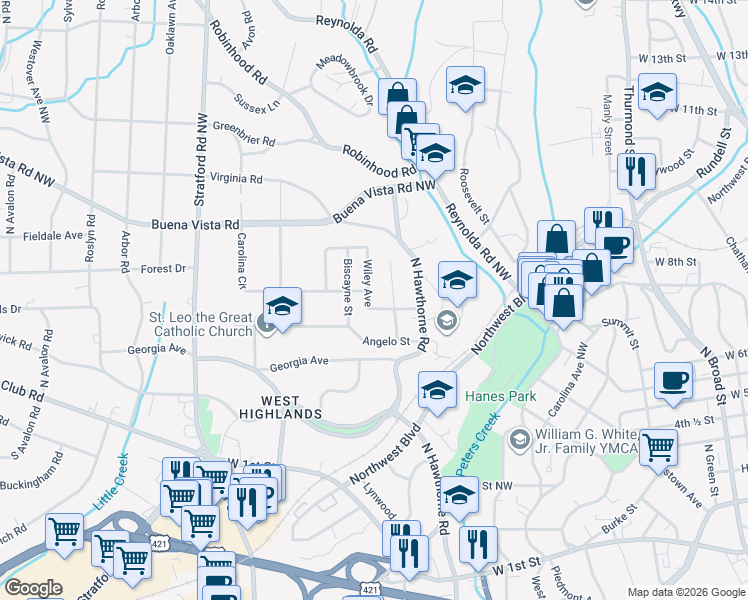 map of restaurants, bars, coffee shops, grocery stores, and more near 405 Wiley Avenue in Winston-Salem