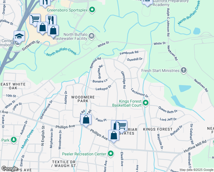 map of restaurants, bars, coffee shops, grocery stores, and more near 2401 Larkspur Drive in Greensboro