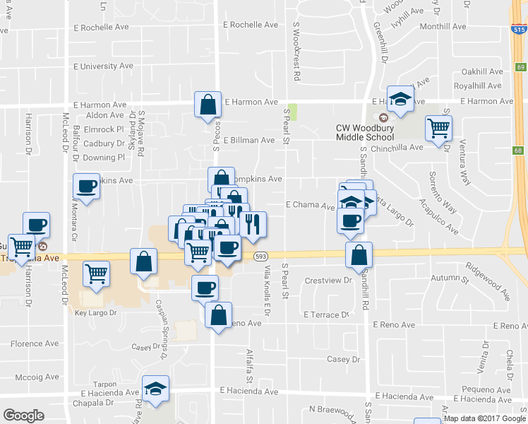 map of restaurants, bars, coffee shops, grocery stores, and more near 3554 East Sierra Patricia Avenue in Las Vegas