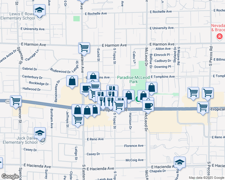 map of restaurants, bars, coffee shops, grocery stores, and more near 35 South Topaz Street in Las Vegas