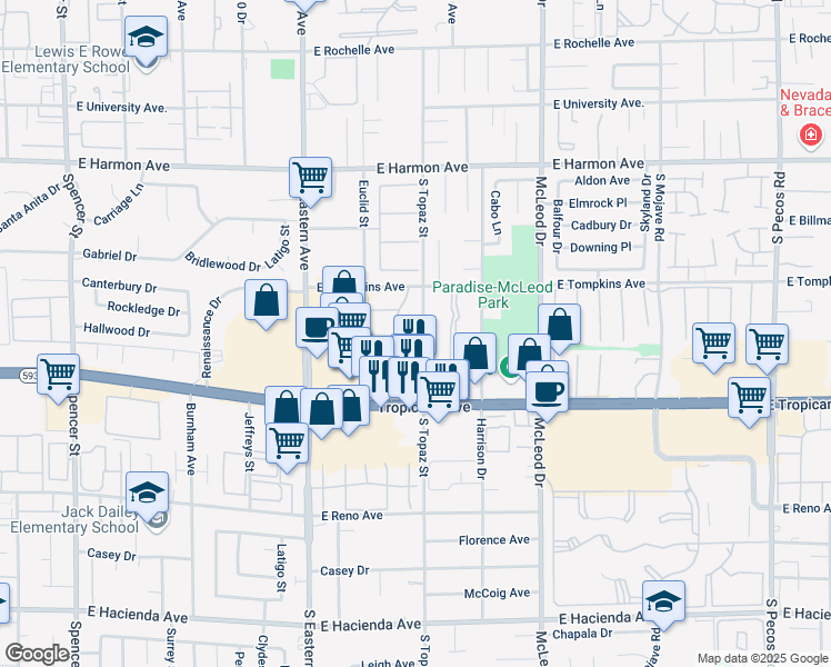 map of restaurants, bars, coffee shops, grocery stores, and more near 4775 South Topaz Street in Las Vegas