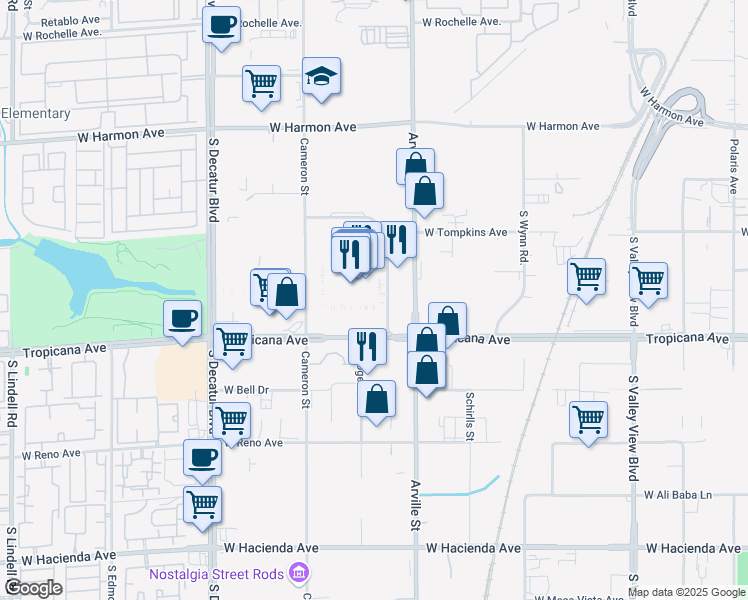 map of restaurants, bars, coffee shops, grocery stores, and more near 4500 West Tropicana Avenue in Las Vegas