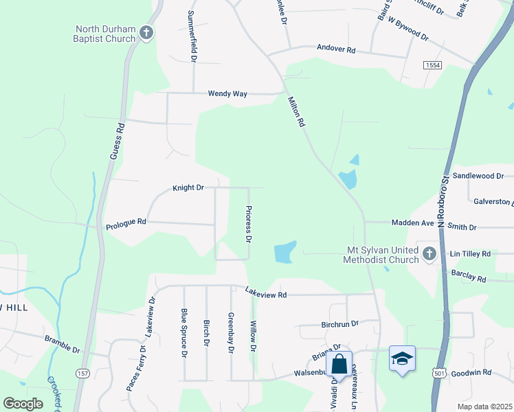 map of restaurants, bars, coffee shops, grocery stores, and more near 5814 Prioress Drive in Durham