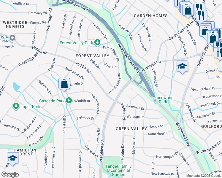 map of restaurants, bars, coffee shops, grocery stores, and more near 1504 Forest Valley Road in Greensboro