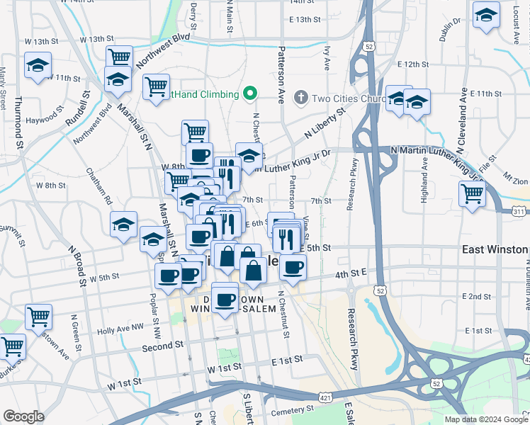 map of restaurants, bars, coffee shops, grocery stores, and more near 601N Chestnut ST in Winston-Salem