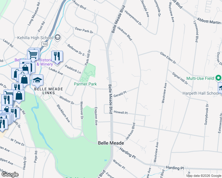 map of restaurants, bars, coffee shops, grocery stores, and more near 601 Belle Meade Boulevard in Nashville