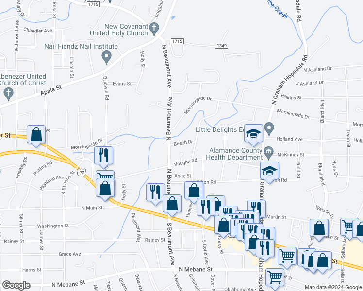 map of restaurants, bars, coffee shops, grocery stores, and more near 1415 Beech Drive in Burlington