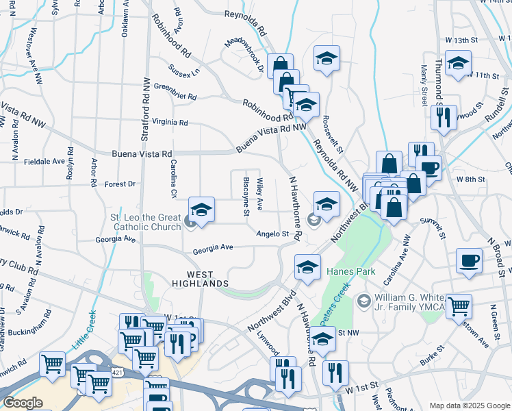 map of restaurants, bars, coffee shops, grocery stores, and more near 316 Wiley Avenue in Winston-Salem