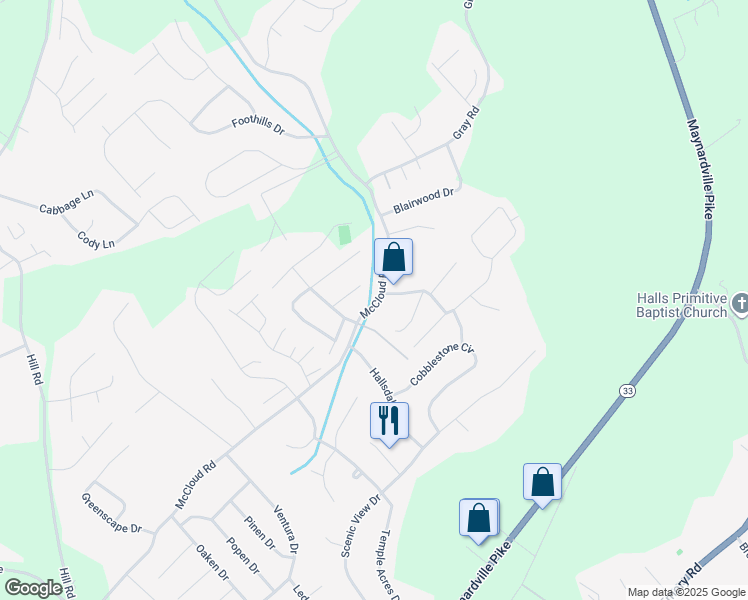 map of restaurants, bars, coffee shops, grocery stores, and more near 4505 McCloud Road in Knoxville