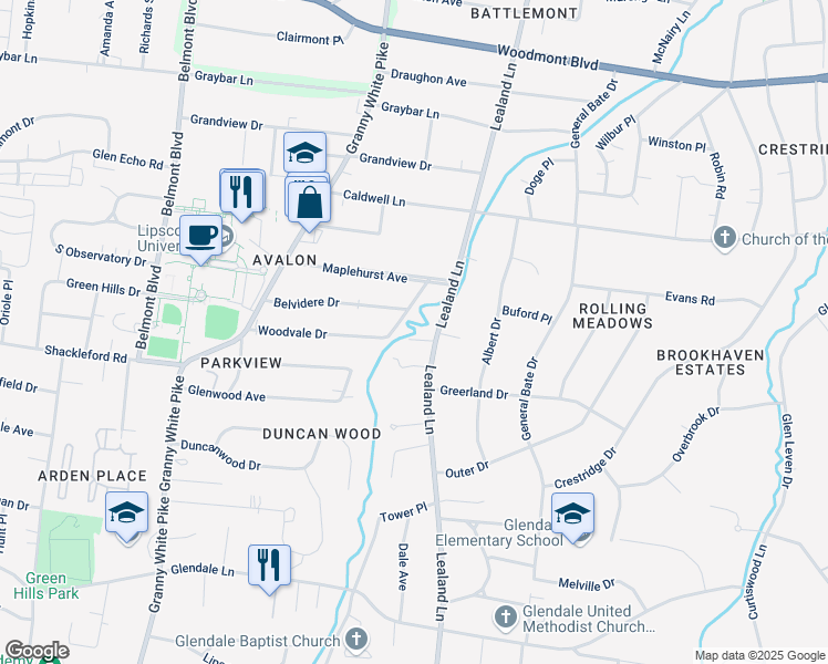 map of restaurants, bars, coffee shops, grocery stores, and more near 1006 Woodvale Drive in Nashville