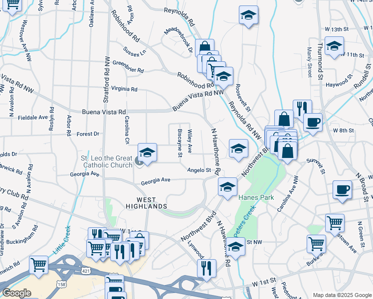 map of restaurants, bars, coffee shops, grocery stores, and more near 316 Wiley Avenue in Winston-Salem