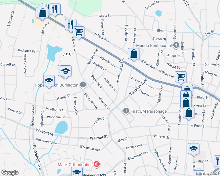 map of restaurants, bars, coffee shops, grocery stores, and more near 1516 Wickham Street in Burlington