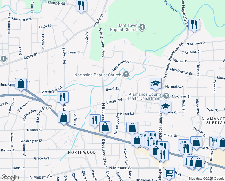 map of restaurants, bars, coffee shops, grocery stores, and more near 1417 Beech Drive in Burlington