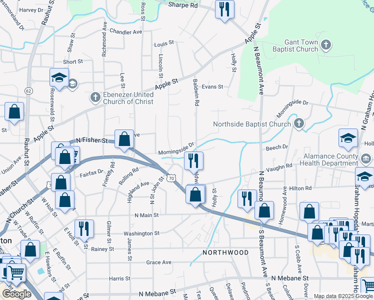 map of restaurants, bars, coffee shops, grocery stores, and more near 1119 Morningside Drive in Burlington