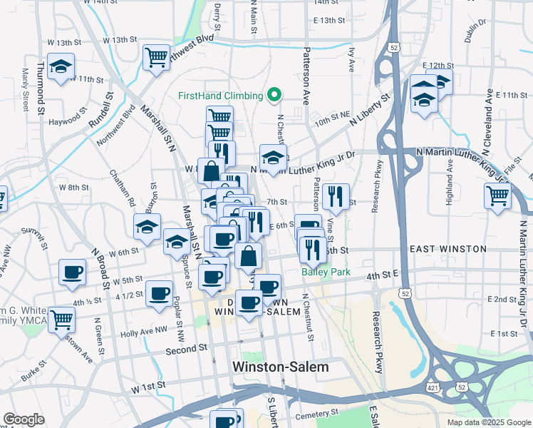 map of restaurants, bars, coffee shops, grocery stores, and more near 675 North Main Street in Winston-Salem