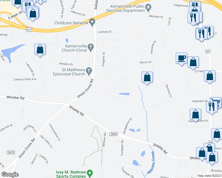 map of restaurants, bars, coffee shops, grocery stores, and more near 1208 Avery Way in Kernersville