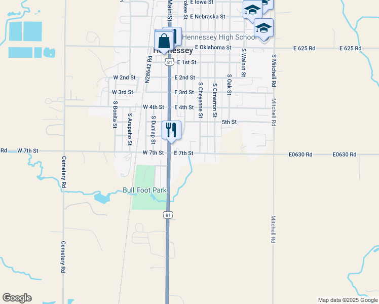 map of restaurants, bars, coffee shops, grocery stores, and more near 213 East 7th Street in Hennessey