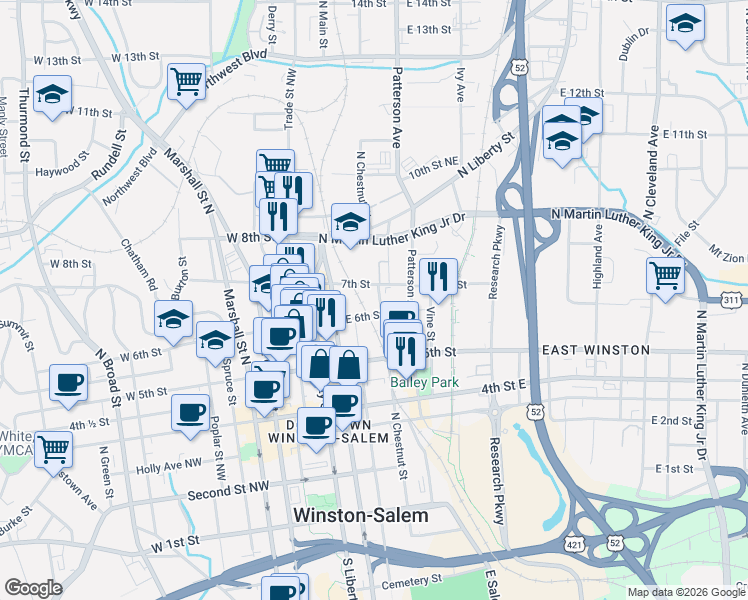 map of restaurants, bars, coffee shops, grocery stores, and more near 181 East 6th Street in Winston-Salem