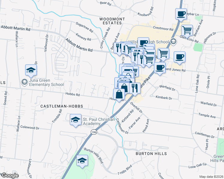 map of restaurants, bars, coffee shops, grocery stores, and more near 2116 Hobbs Road in Nashville