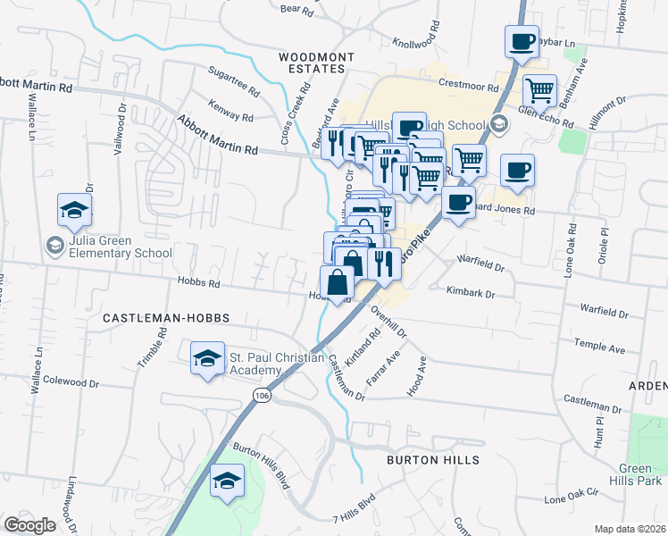 map of restaurants, bars, coffee shops, grocery stores, and more near 4107 Hillsboro Circle in Nashville