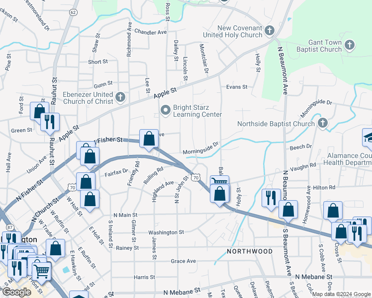 map of restaurants, bars, coffee shops, grocery stores, and more near 1008 Morningside Drive in Burlington