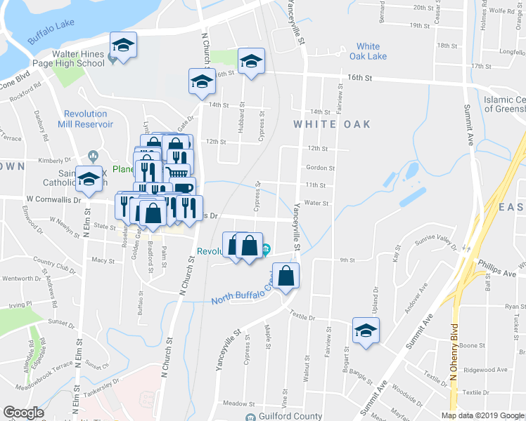map of restaurants, bars, coffee shops, grocery stores, and more near 1100 East Cornwallis Drive in Greensboro