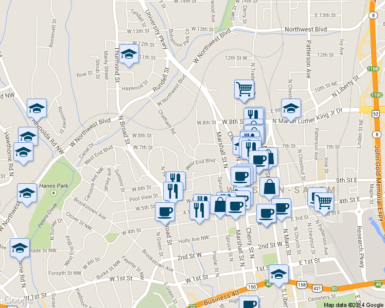 map of restaurants, bars, coffee shops, grocery stores, and more near 701 Chatham Road in Winston-Salem