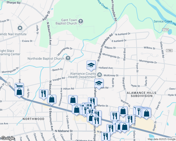 map of restaurants, bars, coffee shops, grocery stores, and more near 502 North Graham Hopedale Road in Burlington