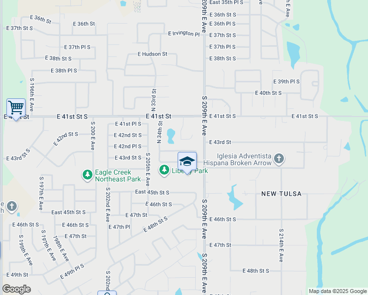 map of restaurants, bars, coffee shops, grocery stores, and more near 3606 East Berkeley Street in Broken Arrow