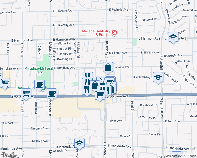map of restaurants, bars, coffee shops, grocery stores, and more near 4790 East Montara Circle in Las Vegas