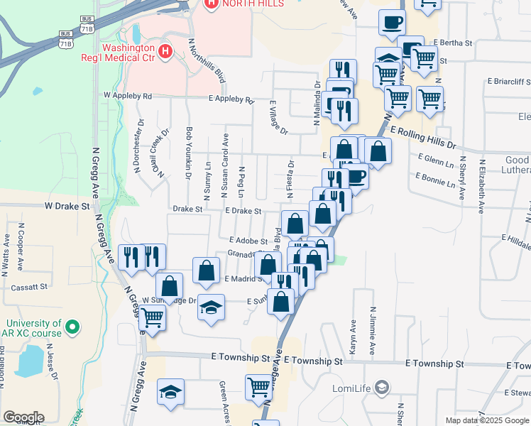 map of restaurants, bars, coffee shops, grocery stores, and more near 2766 North Barcelona Avenue in Fayetteville