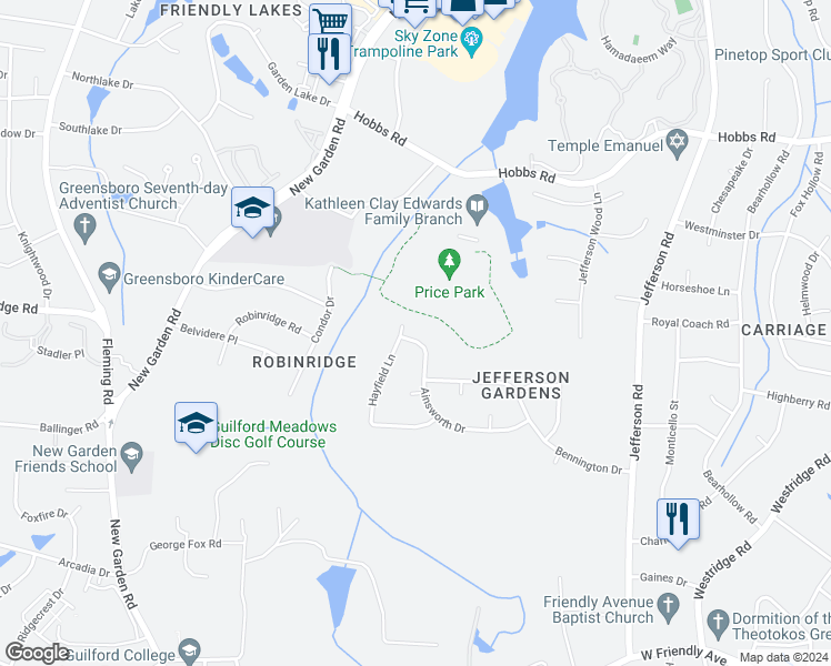 map of restaurants, bars, coffee shops, grocery stores, and more near 5412 Ainsworth Drive in Greensboro