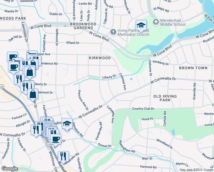 map of restaurants, bars, coffee shops, grocery stores, and more near 2321 Kirkpatrick Place in Greensboro