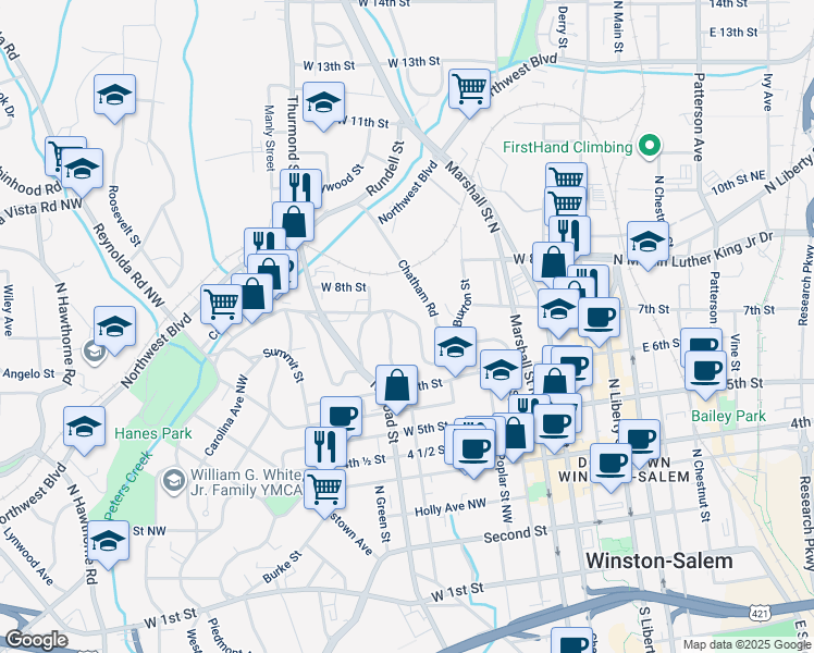 map of restaurants, bars, coffee shops, grocery stores, and more near 164 West End Boulevard in Winston-Salem