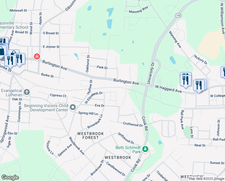 map of restaurants, bars, coffee shops, grocery stores, and more near 241 Saint Elizabeth Drive in Gibsonville