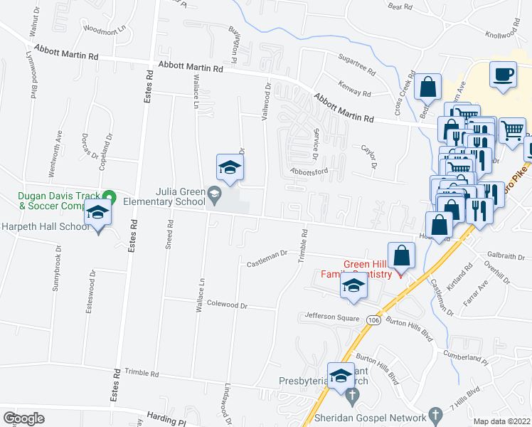 map of restaurants, bars, coffee shops, grocery stores, and more near 1 Redbud Drive in Nashville