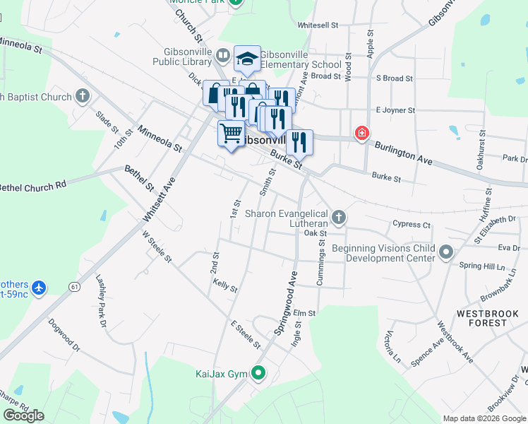 map of restaurants, bars, coffee shops, grocery stores, and more near 420 May Street in Gibsonville