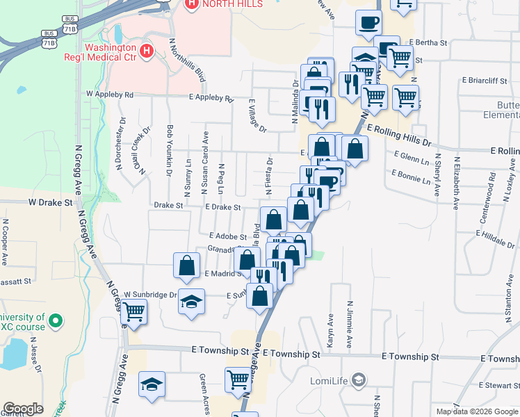 map of restaurants, bars, coffee shops, grocery stores, and more near 2752 North Villa Boulevard in Fayetteville