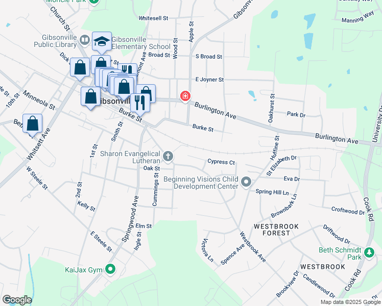 map of restaurants, bars, coffee shops, grocery stores, and more near 210 Cypress Court in Gibsonville