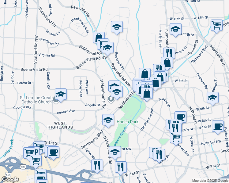map of restaurants, bars, coffee shops, grocery stores, and more near 301 South Hawthorne Road in Winston-Salem