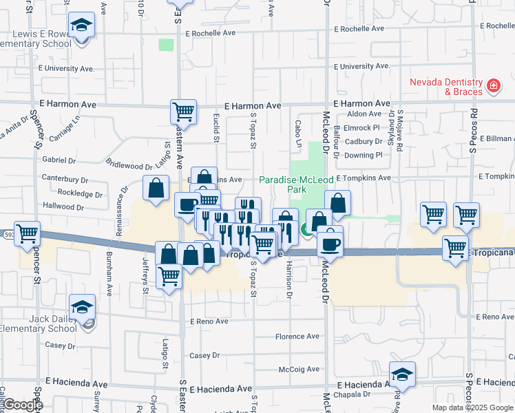 map of restaurants, bars, coffee shops, grocery stores, and more near 35 South Topaz Street in Las Vegas